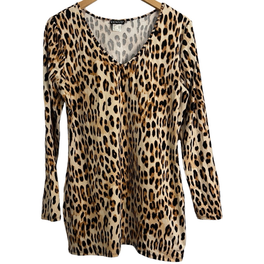 Venus Leopard Cheetah Print Knit V-Neck Tunic Dress